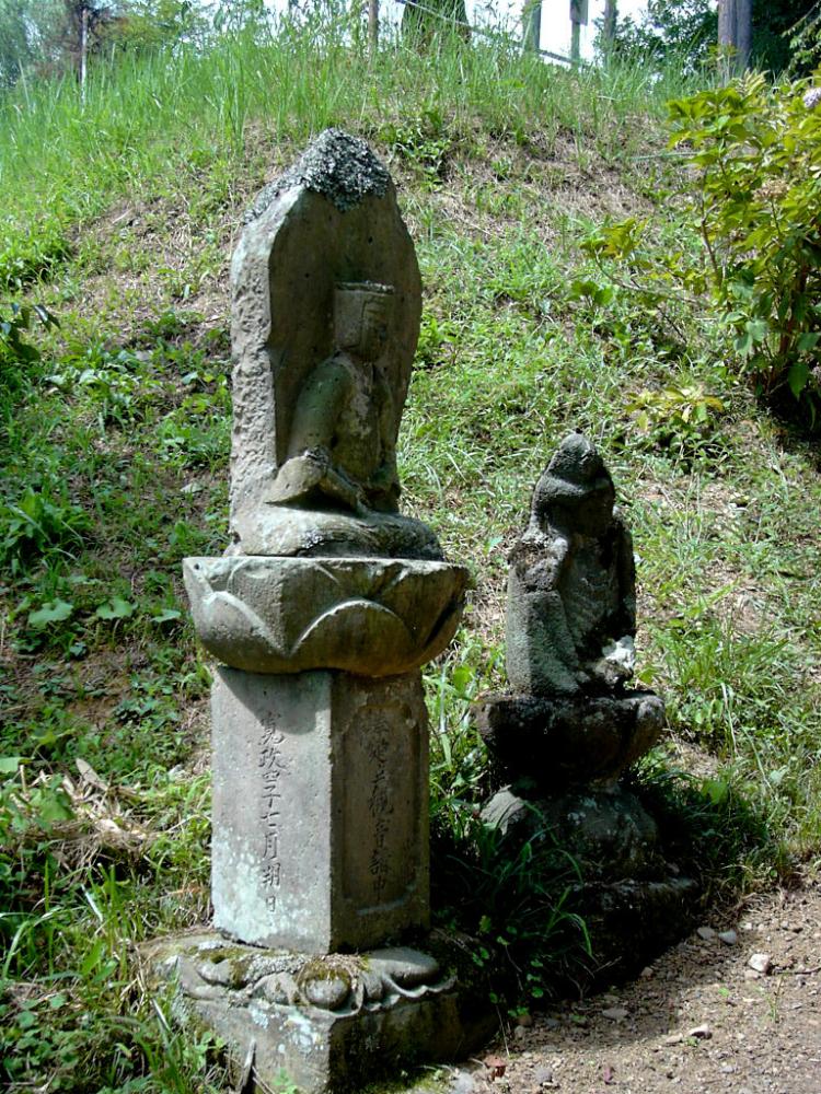 間一髪で山体崩壊跡を免れた寺院 真竜寺の山門脇にある観音像の写真