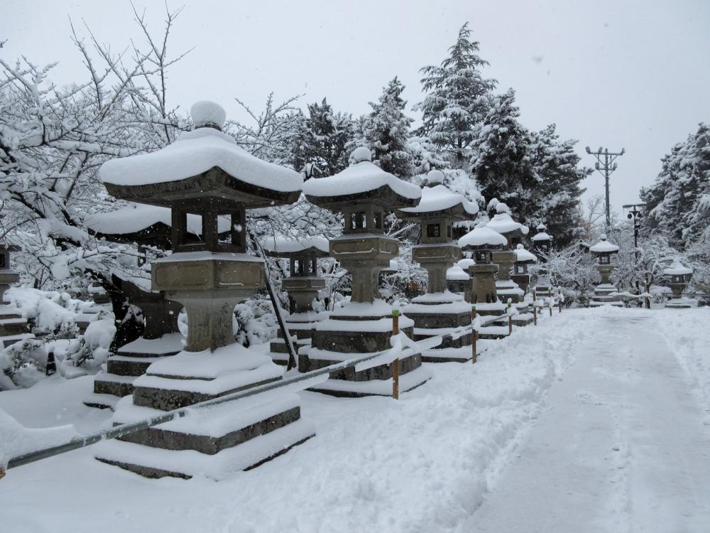 善光寺 本堂の後ろに並ぶ善光寺灯籠
